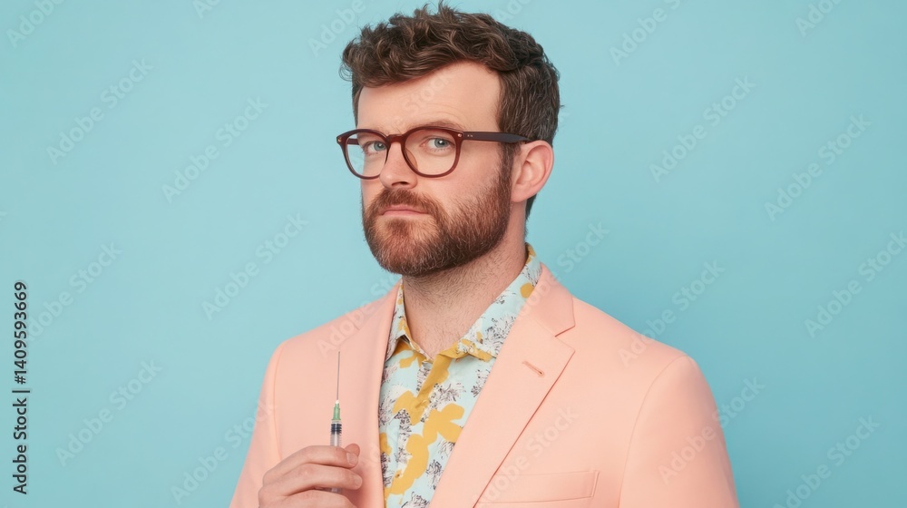 Stylish young man with glasses wearing pastel blazer and floral shirt, posing confidently against a blue background with a pen in hand