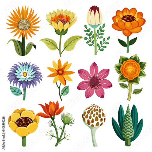 Stylized Floral Collection: Vector Illustration of Diverse Flowers