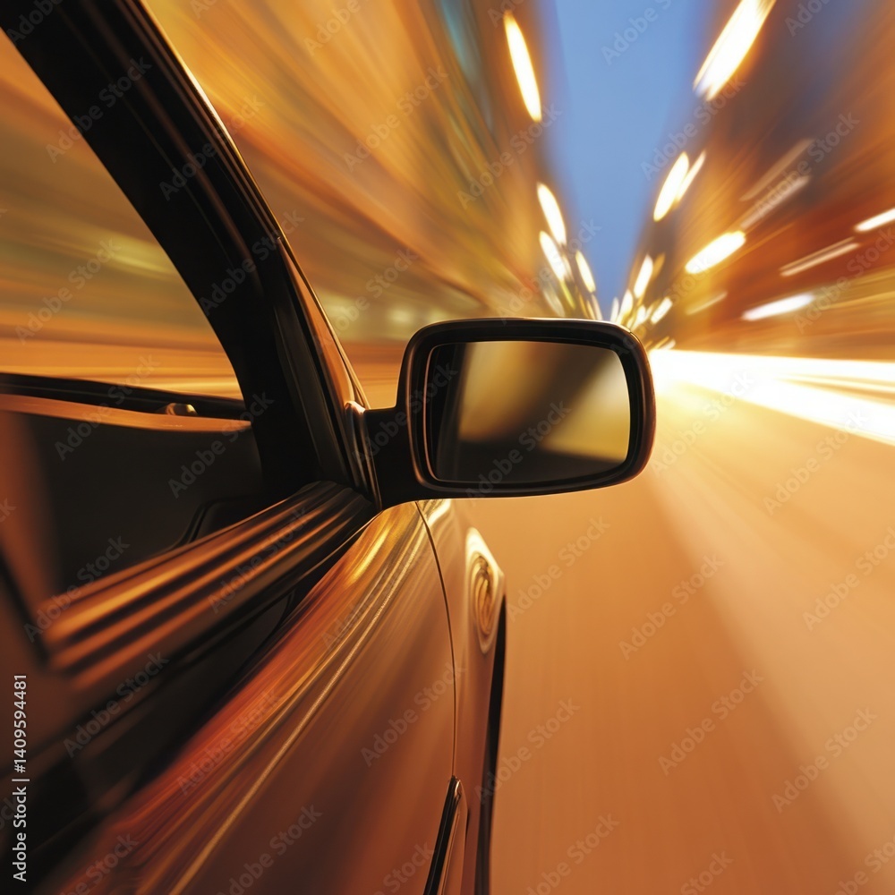 Dynamic Motion of a Car on a City Street at Night with Blurred Lights and Reflections Off the Vehicle's Side Mirror