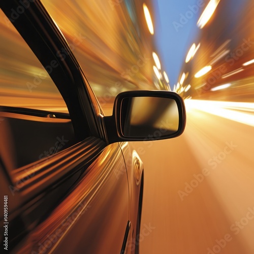 Obraz na płótnie Dynamic Motion of a Car on a City Street at Night with Blurred Lights and Reflections Off the Vehicle's Side Mirror w salonie