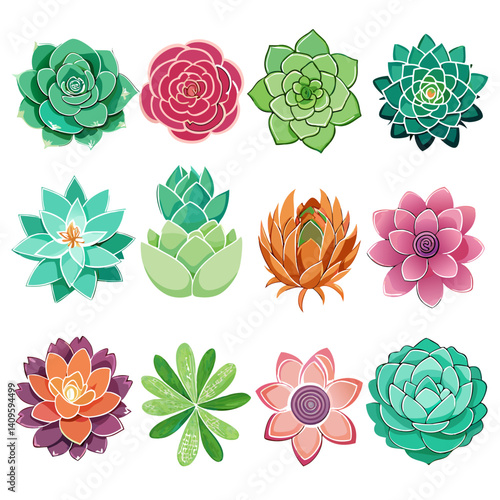 Colorful Succulent Collection - Illustration of Twelve Unique Varieties