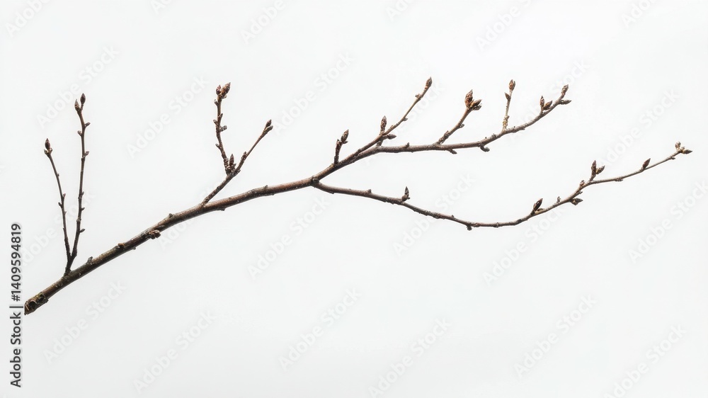 A bare tree branch with small buds against a clean, minimalist white background. A bare tree branch with small buds against a clean, minimalist white background.