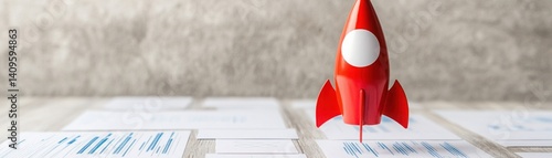 Red rocket standing on white paper documents with graphs and data, symbolizing business growth, innovation, and startup success in a modern office setting
