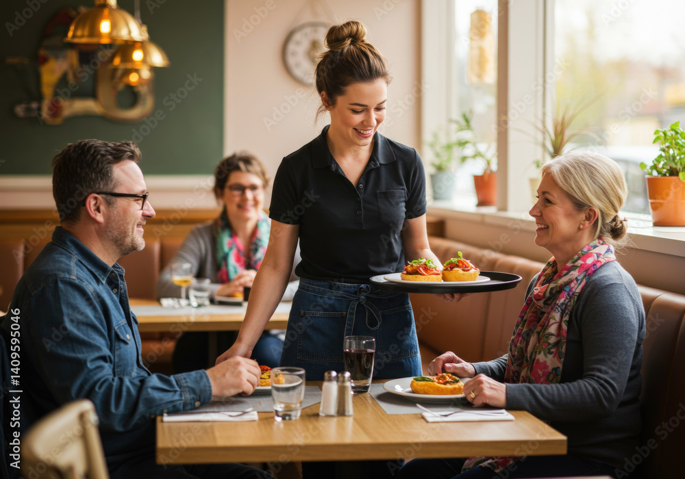 Friendly waitress serving couple at a restaurant on light background Friendly waitress serving couple at a restaurant on light background