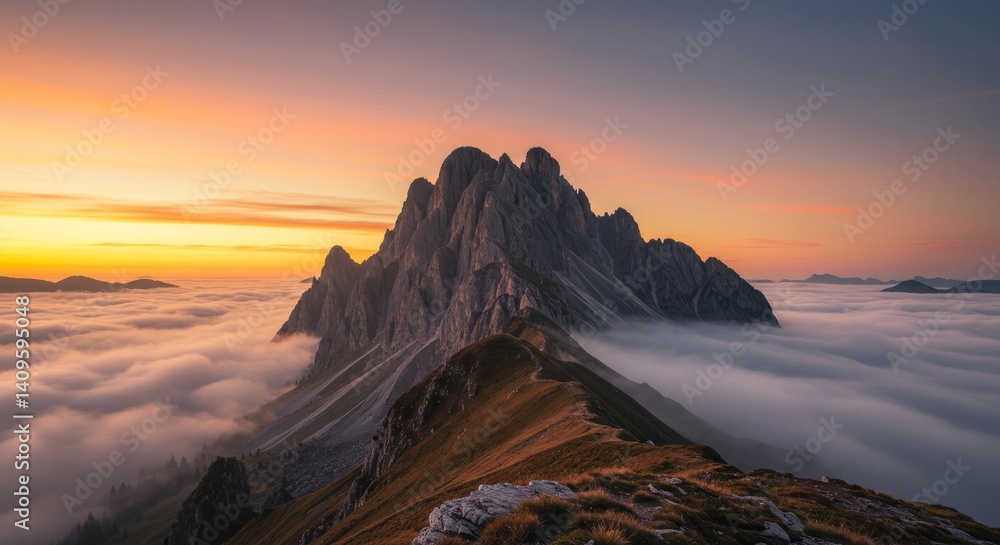 Naklejka premium High Mountain Peak at Sunrise with Clouds and Mist