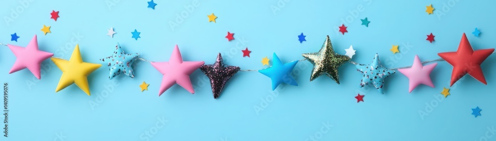 Colorful stars in various shapes and textures on a blue background with confetti for festive and celebratory themes in design and decorations
