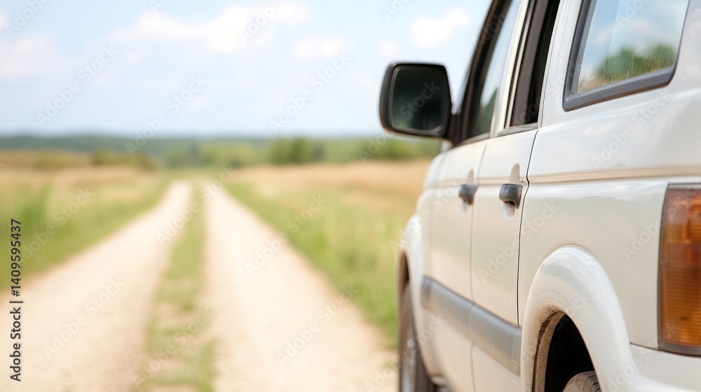 White vehicle parked on a dirt road leading through a serene landscape with distant hills and a blue sky creating a peaceful countryside vibe