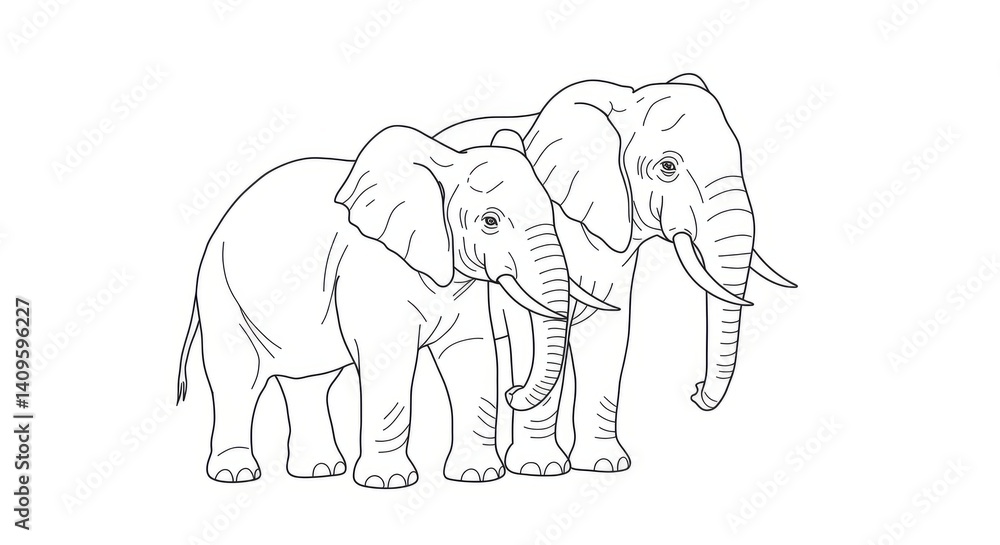 Fototapeta premium Line Drawing Of Two Elephants