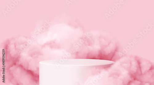 Elegant Pink Vector Illustration Featuring a Minimalist Cylinder Pedestal Against a Soft Cloudy Background Perfect for Design and Presentation Themes