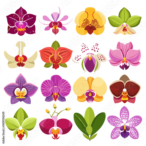 Variety of orchids, tropical flower collection vector illustration