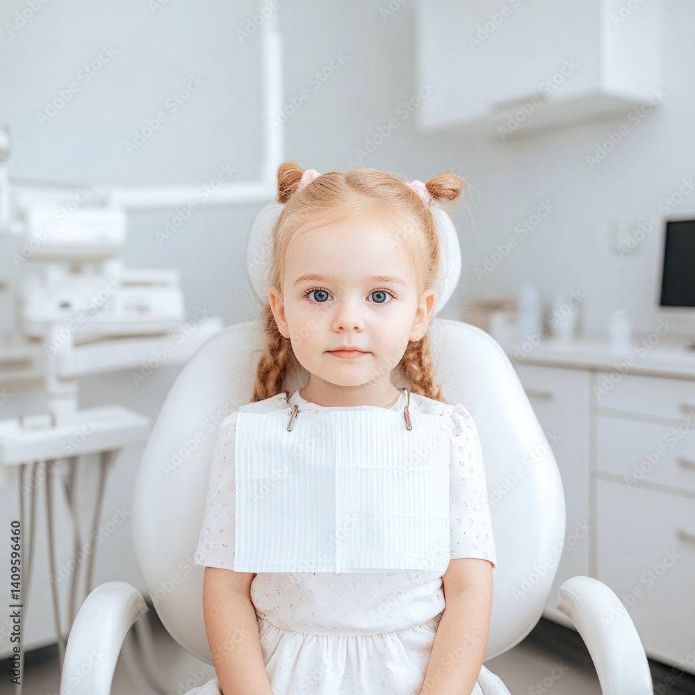 Young girl sitting in a dental chair, looking curious and slightly anxious, wearing a bib, ready for a checkup in a bright and modern dental office