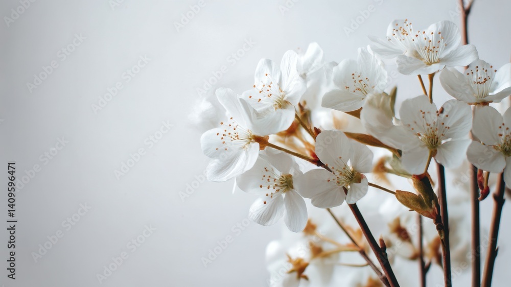 Close-up of delicate white cherry blossoms on a light background. Close-up of delicate white cherry blossoms on a light background.