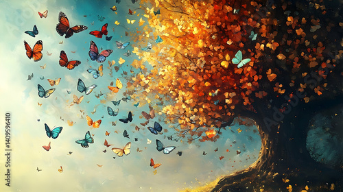 A vibrant display of autumnal transformation, with butterflies released.