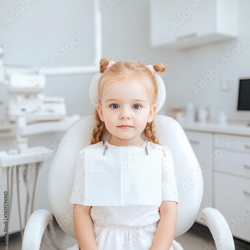 Obraz na płótnie Young girl sitting in a dental chair, looking curious and slightly anxious, wearing a bib, ready for a checkup in a bright and modern dental office w salonie