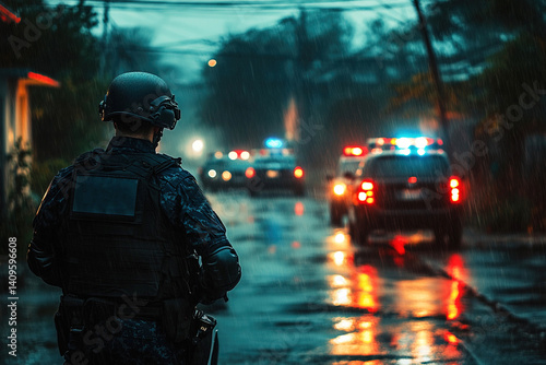 Special unit police prepare to engage in operation at crime scene amidst heavy rainfall