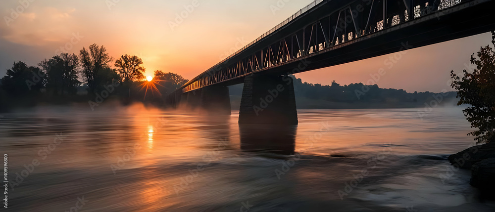 Fototapeta premium Sunrise Bridge Over Misty River