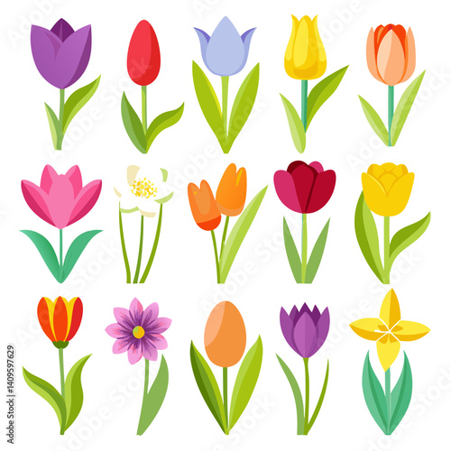 Wallpaper Mural Spring bloom: Colorful flat vector flower illustration set Torontodigital.ca