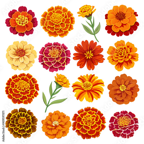 Variety of marigold flower illustrations on a white background