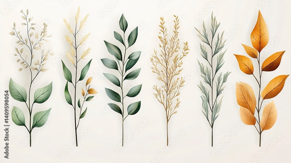 Minimal herbal vector design elements with soft green, beige, and gold foliage, elegant flat lay Minimal herbal vector design elements with soft green, beige, and gold foliage, elegant flat lay