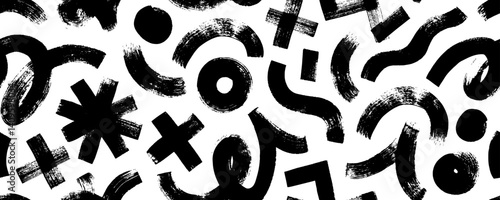 Grunge seamless banner design with brush drawn funky shapes and figures. Bold curved lines, swirls, squiggles and thick brush strokes. Hand drawn bold doodle lines seamless pattern or background.