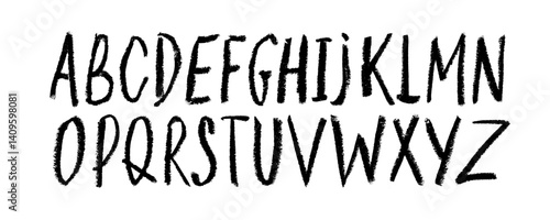 Crayon drawn simple alphabet letters collection. Childish funky vector font. Black ink capital letters with rough texture. Cute playful doodle font for school, kindergarten and kid's design.