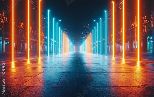 Neon-lit city street at night, vibrant orange and blue glowing lights illuminate the pathway