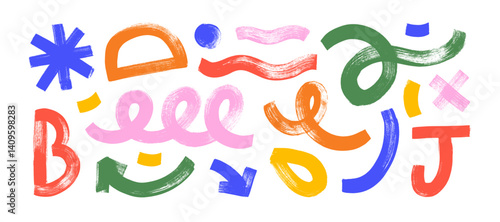 Set of brush drawn organic geometric funky shapes and lines. Squiggles, wavy bold lines, arrow and colorful funky figures. Hand drawn vector kid geometric shapes for collages, contemporary bold design