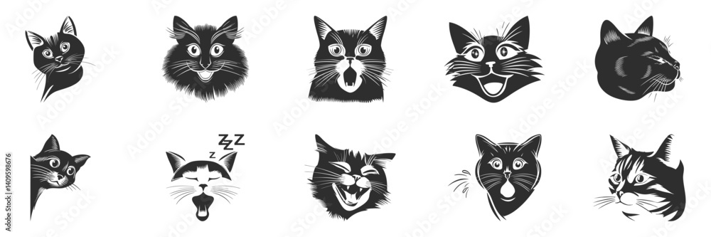 Obraz premium Cat Expressions Silhouette Set. Playful And Curious Feline Faces Isolated Vector Illustration Collection