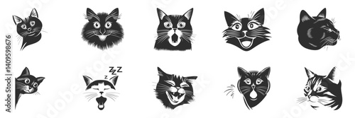 Cat Expressions Silhouette Set. Playful And Curious Feline Faces Isolated Vector Illustration Collection