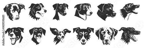 Dog Head Silhouettes Set. Various Breeds And Expressions In Black And White. Isolated Vector Illustration Collection