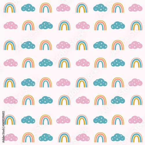Beautiful rainbow and cloud pattern for children on a pink background.