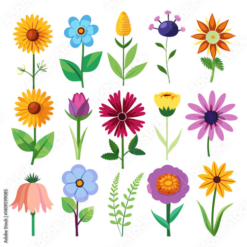 Colorful Variety of Spring Flowers on White Background