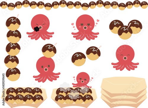 タコとたこ焼きのイラスト素材セット