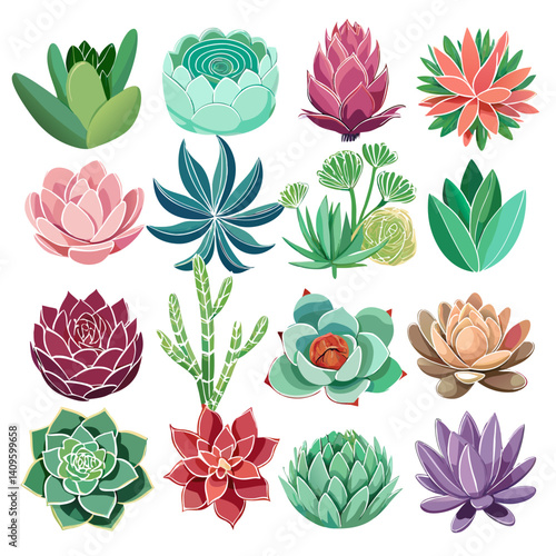 Assortment of Colorful Succulent Plants Graphic Design Illustration