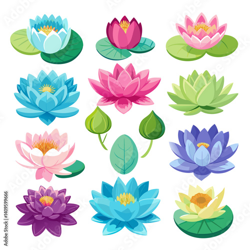 Colorful Water Lilies: Flat Vector Flower Icon Set