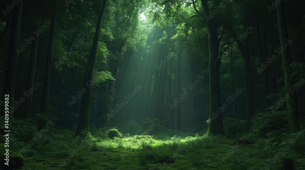 Obraz premium Sunlight streams through dense forest canopy. Lush green trees and undergrowth. Mystical, serene woodland scene
