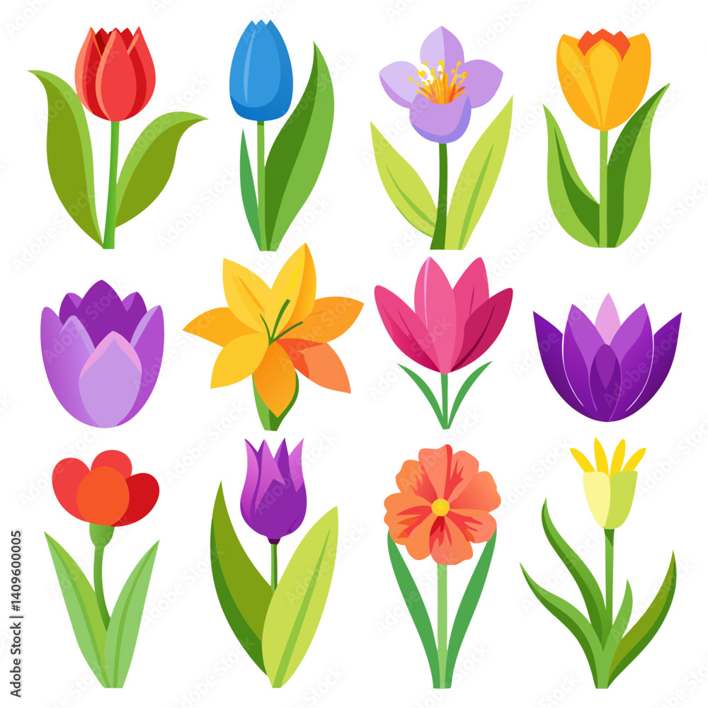 Colorful Spring Flower Illustrations: Tulips, Crocus, and Lily Colorful Spring Flower Illustrations: Tulips, Crocus, and Lily