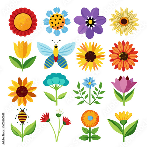 Diverse Flower and Insect Collection in a Flat Design