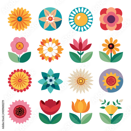 Collection of sixteen simple geometrical flower icons design