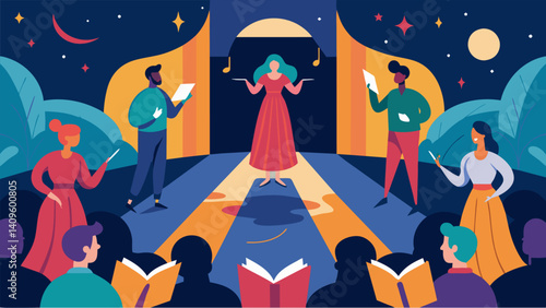 With each performance the audience was transported to different worlds enraptured by the power of poetry.. Vector illustration