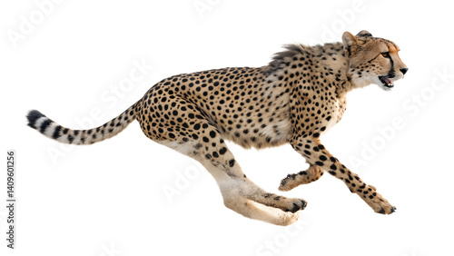 A sleek cheetah in mid-stride, muscles tensed, dust kicking up behind it as it races at top speed, isolated on a transparent background