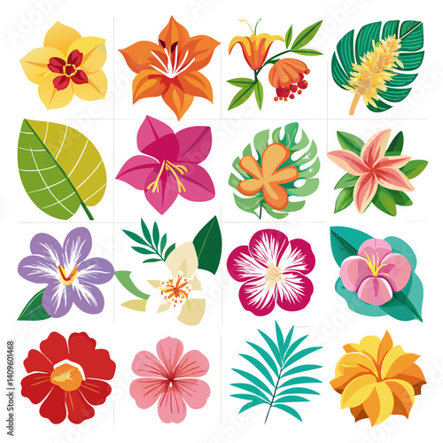 Collection of sixteen assorted tropical flowers and leaves