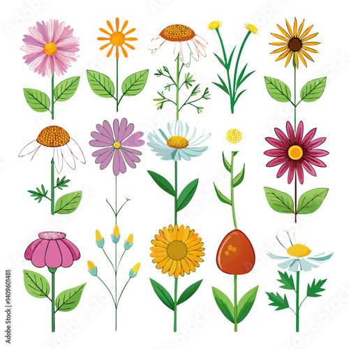 Collection of Cartoon Flowers on White Background