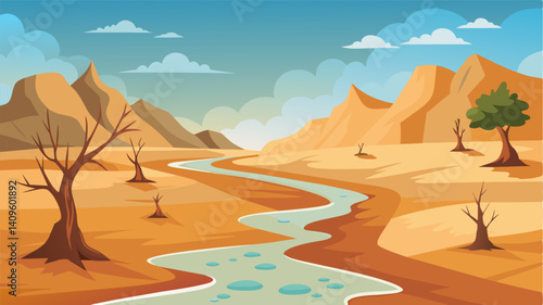 The dusty riverbed devoid of any signs of life stands as a clear symbol of the harmful consequences of water scarcity. The once thriving ecosystem now reduced to a barren wasteland. Vector