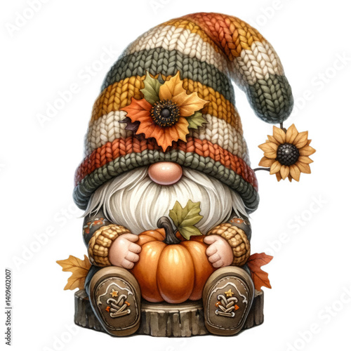 A whimsical autumn gnome, adorned in a striped, multicolored knit cap and sweater, sits contentedly upon a weathered tree stump The gnome, crafted with endearing detail, clutches a vibrant orange