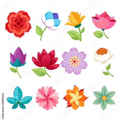 Assorted Floral Collection in Cartoon Style on White