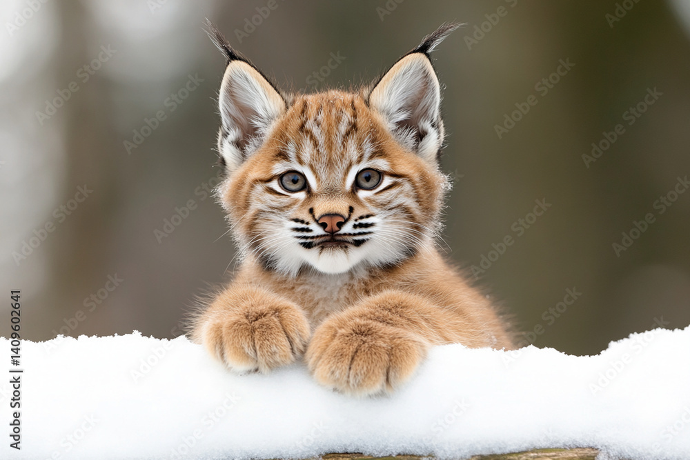 Fototapeta premium Baby lynx joyfully playing in fresh snow amidst winter wonderland setting