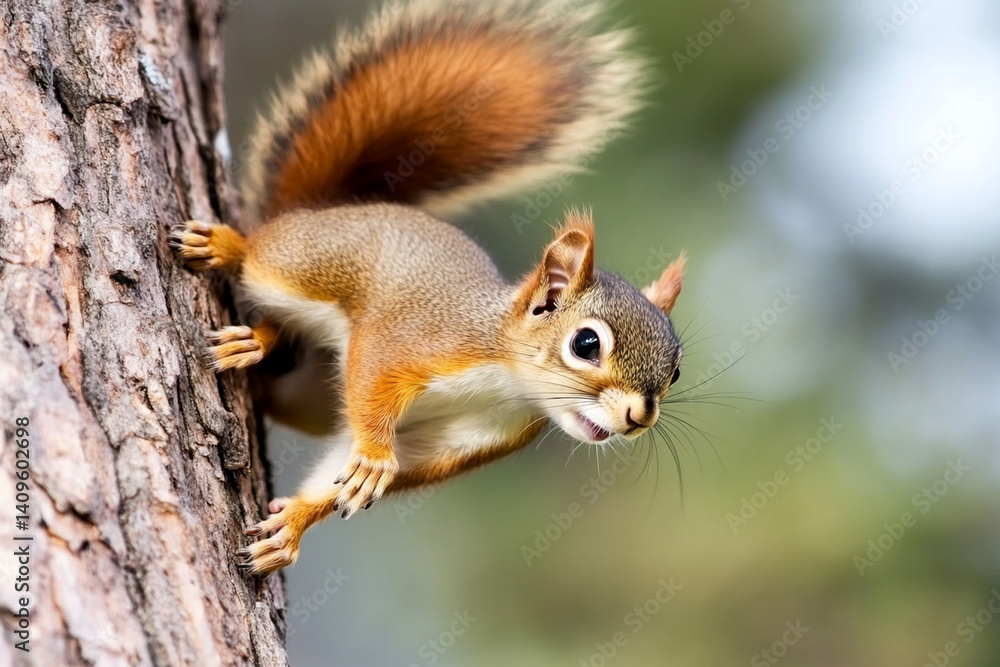 Obraz premium Baby squirrel leaps between trees in a forest setting during bright daylight