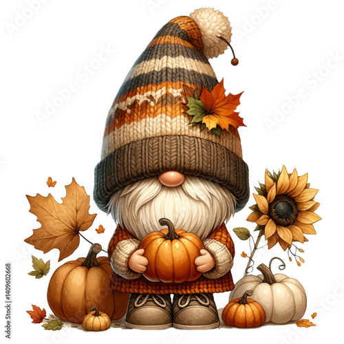 A whimsical gnome, cloaked in the vibrant hues of autumn, stands proudly amidst a harvest bounty He clutches a miniature pumpkin, his beard a flurry of snowy white against the warm backdrop Leaves