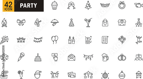 Party editable outline icon set. Celebration drink music fun cake gift and more.